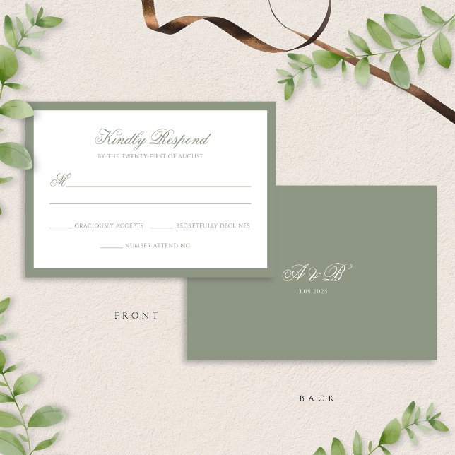 Classic Formal Sage Green Border Script Wedding RSVP Card (Creator Uploaded)