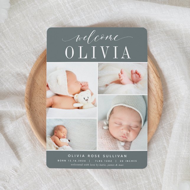 Classic Four | Photo Collage Birth Announcement (Creator Uploaded)