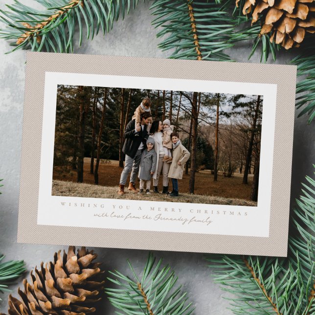 Classic frame neutral beige tweed Christmas photo Holiday Card (Creator Uploaded)
