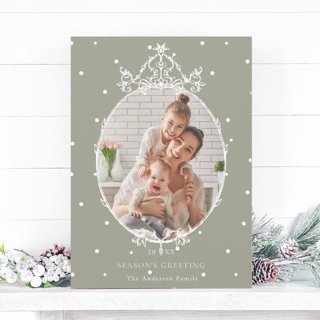 Classic Frame Neutral Green Seaon's Greeting Photo Holiday Card (Creator Uploaded)