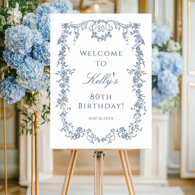 Classic French Blue 80th Birthday Party Welcome  Poster (Creator Uploaded)