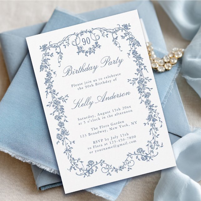 Classic French Blue Floral 90th Birthday Party Invitation (Creator Uploaded)