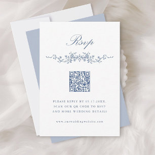 Classic French Blue Floral Border Wedding RSVP Invitation