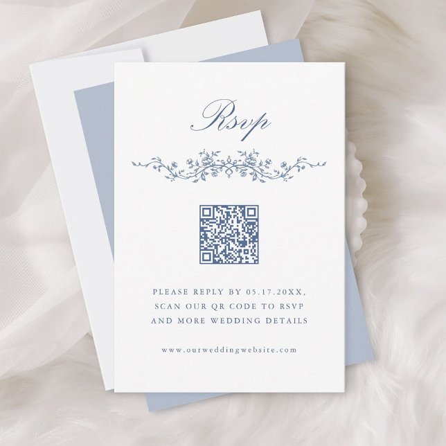 Classic French Blue Floral Border Wedding RSVP Invitation (Creator Uploaded)