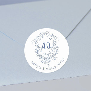 Classic French Blue Floral Crest 40th Birthday Classic Round Sticker