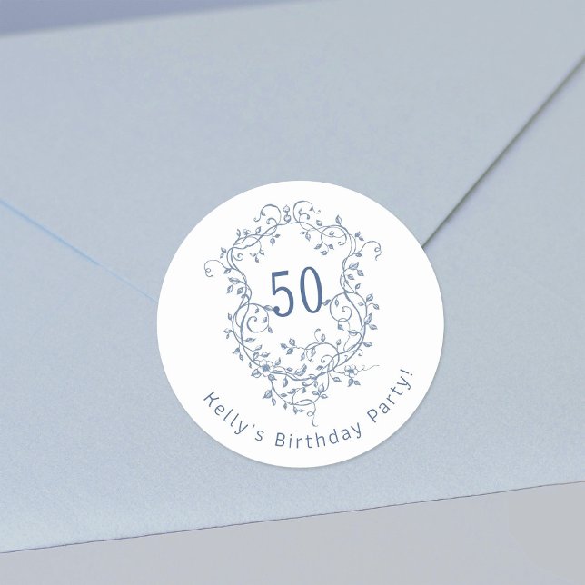 Classic French Blue Floral Crest 50th Birthday  Round Sticker (Creator Uploaded)