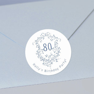 Classic French Blue Floral Crest 80th Birthday  Classic Round Sticker
