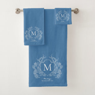 Classic French Blue Floral Crest Initial Monogram Bath Towel Set