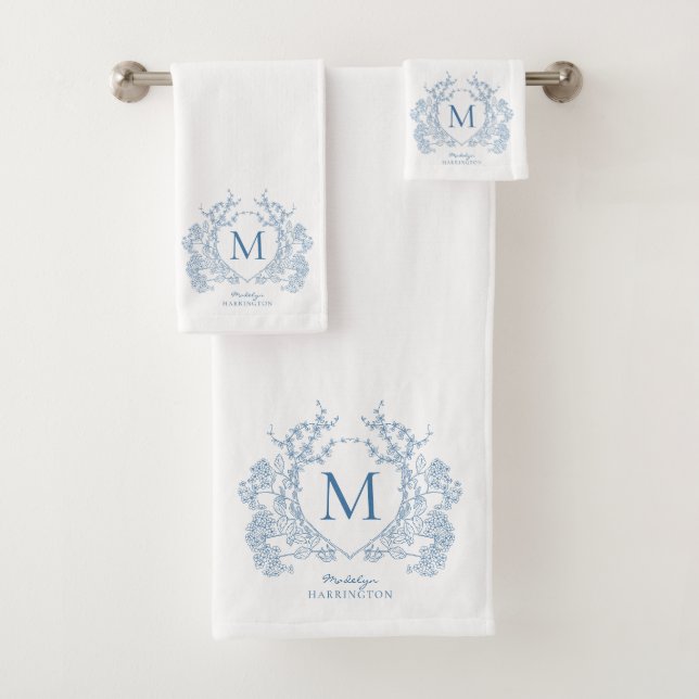 Classic French Blue Floral Crest Monogram Bath Towel Set (Insitu)