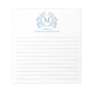 Classic French Blue Floral Crest Monogram Lined Notepad