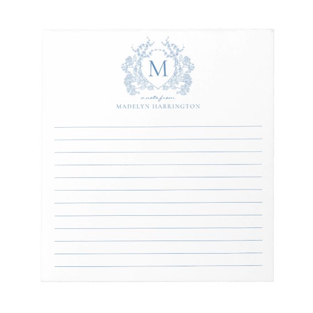 Classic French Blue Floral Crest Monogram Lined Notepad (Front)