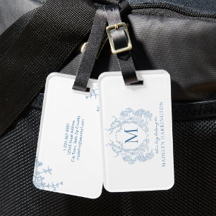 Classic French Blue Floral Crest Monogram Luggage Tag