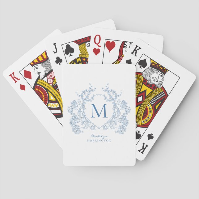 Classic French Blue Floral Crest Monogram Playing Cards (Back)