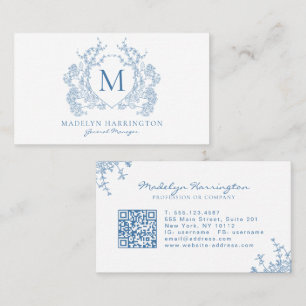 Classic French Blue Floral Crest Monogram QR Code Business Card