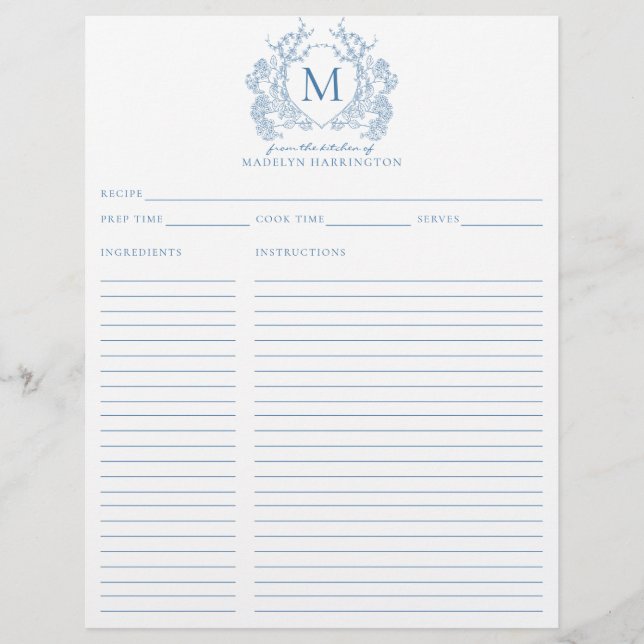 Classic French Blue Floral Crest Monogram Recipe (Front)