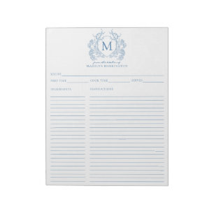 Classic French Blue Floral Crest Monogram Recipe Notepad