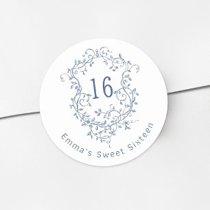 Classic French Blue Floral Crest Sweet 16 Birthday Classic Round Sticker
