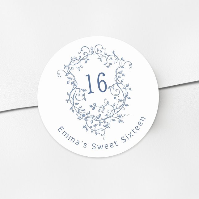Classic French Blue Floral Crest Sweet 16 Birthday Classic Round Sticker (Creator Uploaded)