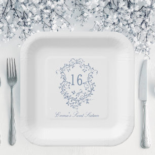 Classic French Blue Floral Crest Sweet 16 Birthday Paper Plate
