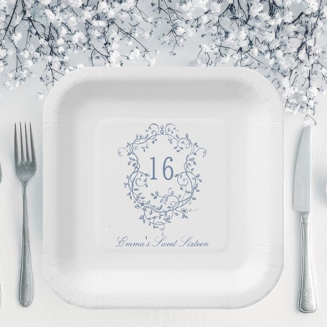 Classic French Blue Floral Crest Sweet 16 Birthday Paper Plate (Creator Uploaded)