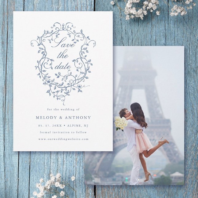 Classic French Blue Floral Crest Wedding Photo Save The Date (Front & Back)