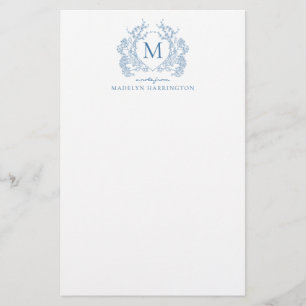 Classic French Blue Floral Vintage Crest Monogram Stationery