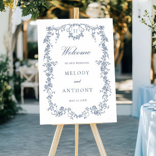 Classic French Blue Floral Wedding Welcome Poster