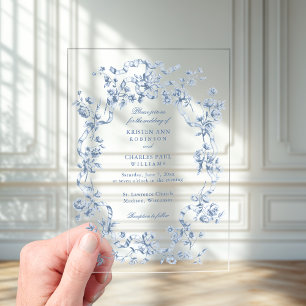 Classic French Blue Flowers & Ribbons Wedding Acrylic Invitations