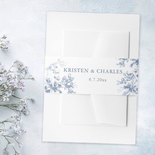 Classic French Blue Flowers & Ribbons Wedding Invitation Belly Band (Creator Uploaded)