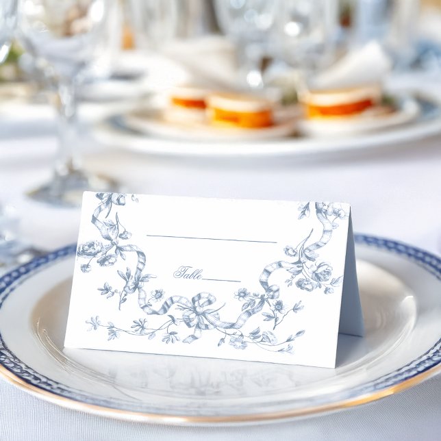  Classic French Blue Flowers & Ribbons Wedding Place Card (Creator Uploaded)