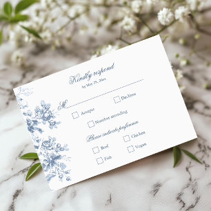 Classic French Blue Flowers & Ribbons Wedding RSVP Card