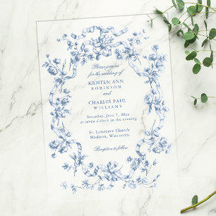 Classic French Blue Flowers & Ribbons Wedding Vellum Invitations