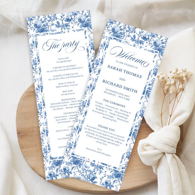 Classic French Blue Roses Toile Wedding Program Programme (Classic French Blue Roses Toile Wedding Program)