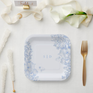 Classic French Blue White Floral Wedding Enclosure Paper Plate