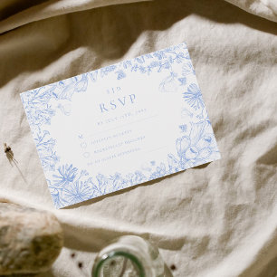 Classic French Blue White Floral Wedding RSVP Card