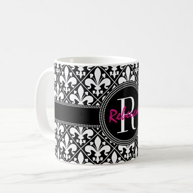 Classic French Fleur de Lis Name and Monogram Coffee Mug (Front Left)