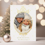 Classic French Frame Christmas Photo Gold<br><div class="desc">This flat christmas | holiday card features a simple vintage frame on a snow-patterned background with a photo.  For more advanced customisation of this design,  please click the BLUE DESIGN TOOL BUTTON above!</div>