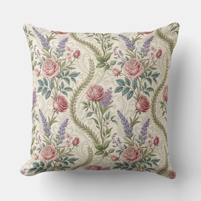 Classic French Rose & Lavender Floral Pattern Art Cushion (Front)