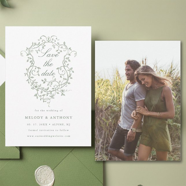 Classic French Sage Green Floral Crest Photo Save The Date (Front & Back)