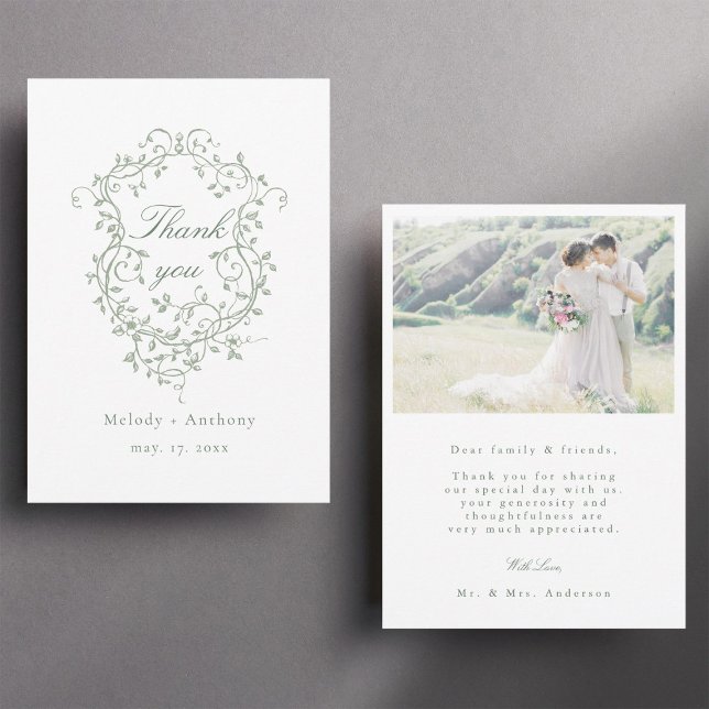 Classic French Sage Green Floral Crest Photo Thank You Card (Front & Back)