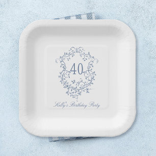 Classic French Victorian Blue 40th Birthday Party Paper Plate