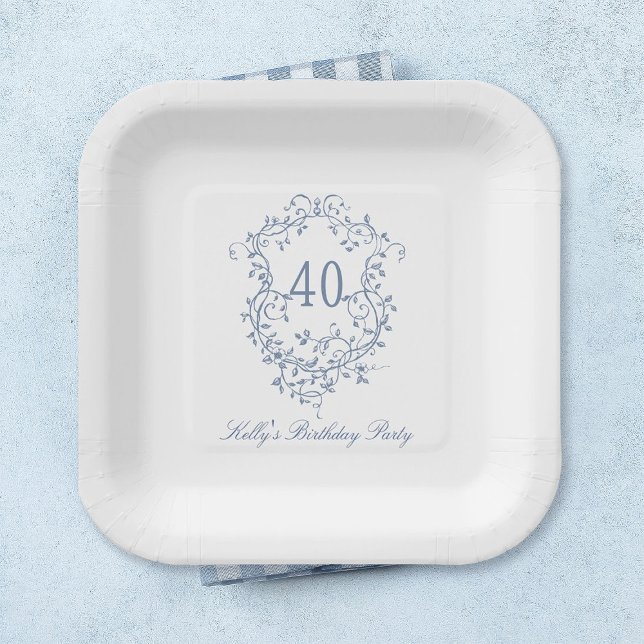 Classic French Victorian Blue 40th Birthday Party Paper Plate (Creator Uploaded)