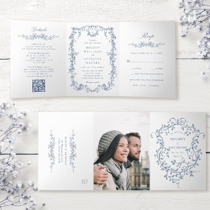 Classic French Victorian Blue Floral Wedding Tri-Fold Invitation