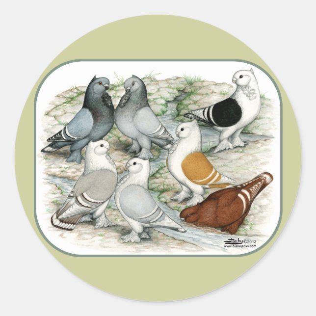 Classic Frill Barred Pigeons Round Sticker (Front)