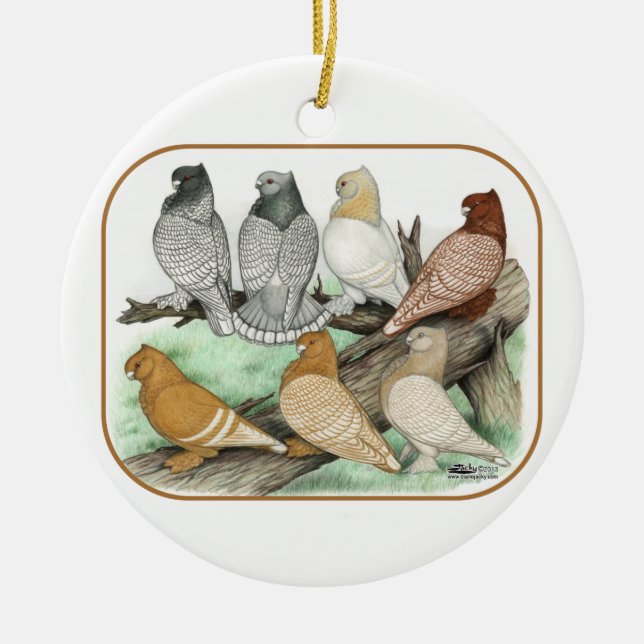 Classic Frill Pigeons Blondinettes Ceramic Tree Decoration (Front)