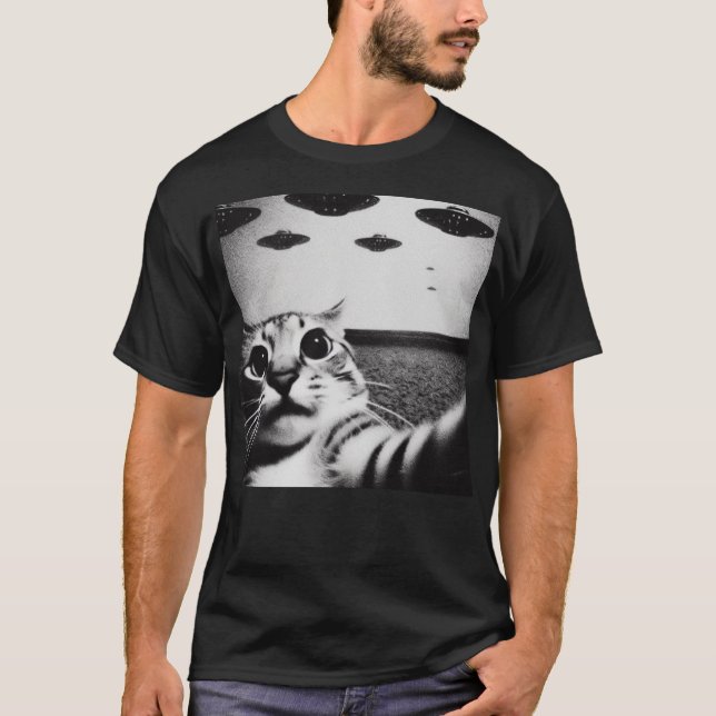 Classic Funny Alien Cat UFO T-Shirt (Front)
