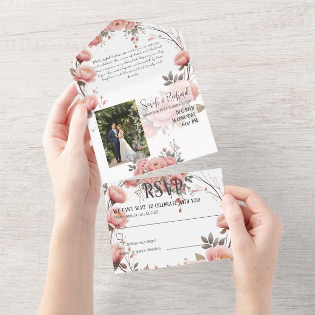 Classic Garden Floral Tri-Fold Wedding Photo All In One Invitation (Tearaway)