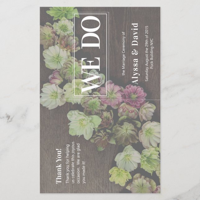 CLASSIC Garden Hellebore Wood Wedding Program (Front)