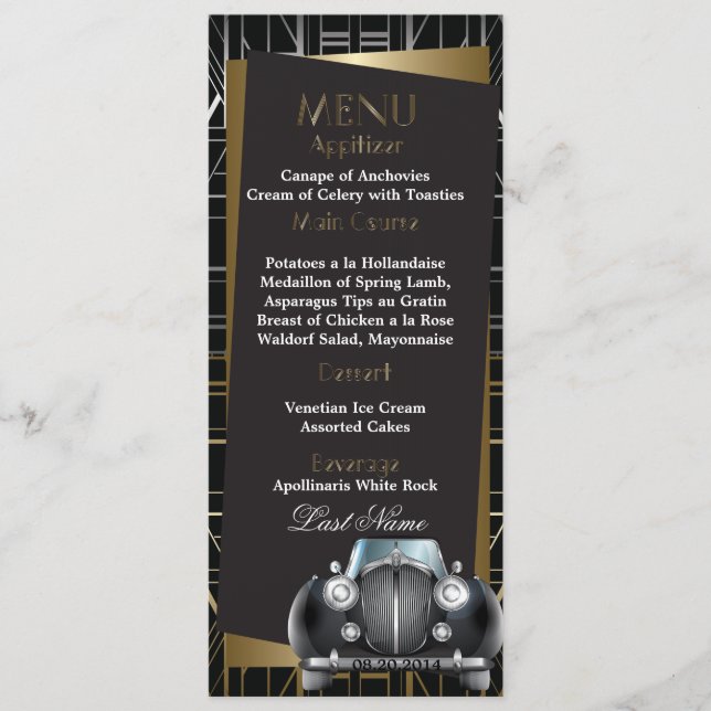 Classic Gatsby Deco Black Limo Wedding Menu (Front)