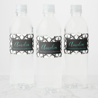 Classic Geo pattern black and white personalised Water Bottle Label